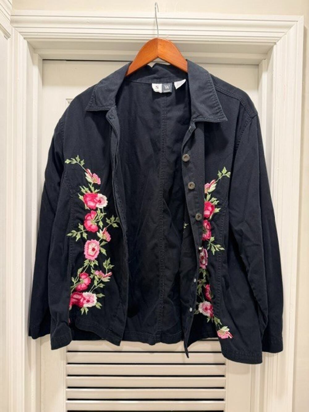 Studio West Women's Black Floral Embroidered Denim Cotton Jacket Shirt 1X